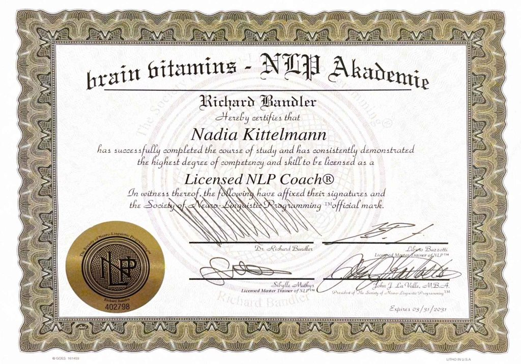 Zertifikat Licensed NLP Coach® von Nadia Kittelmann, brain vitamins NLP Akademie
