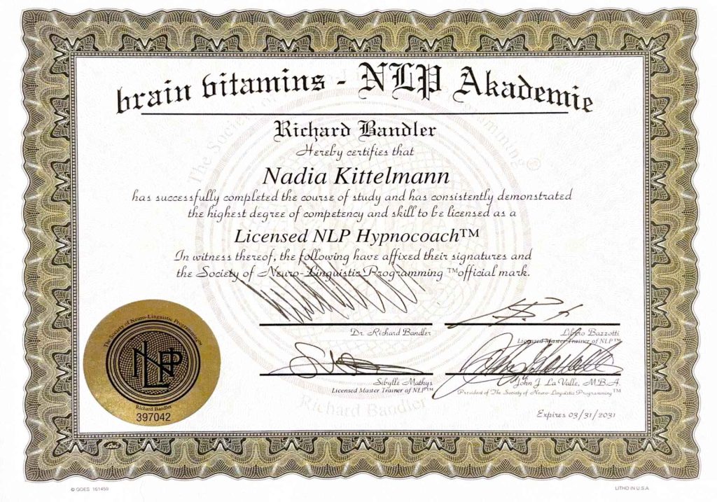 Zertifikat Licensed NLP Hypnocoach™ von Nadia Kittelmann, brain vitamins NLP Akademie