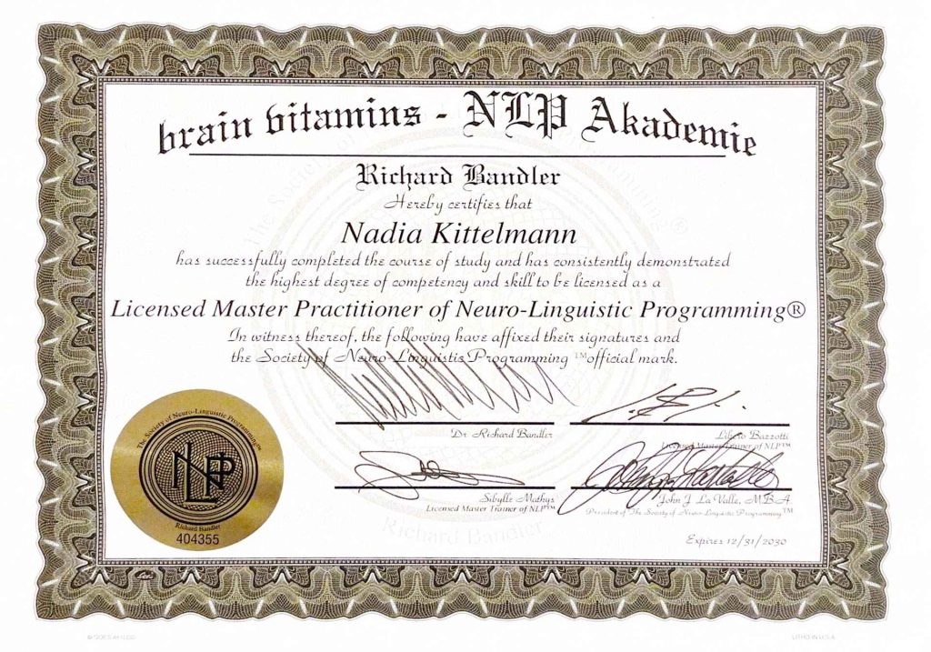 Zertifikat Licensed Master Practitioner of Neuro-Linguistic Programming® von Nadia Kittelmann